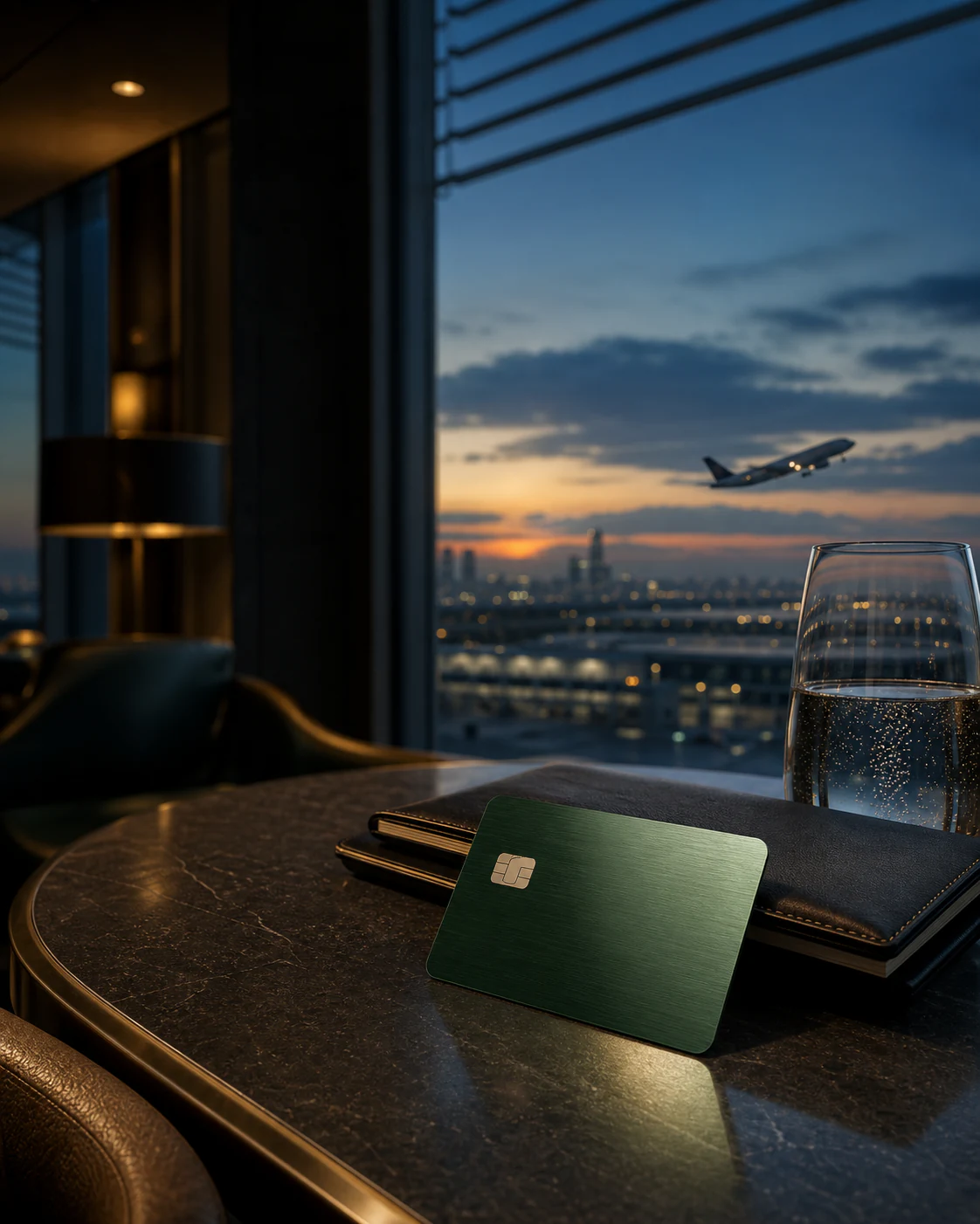 空港ラウンジ、飛行機、深緑の金属カードを用いた旅行特典訴求のカード広告ビジュアル