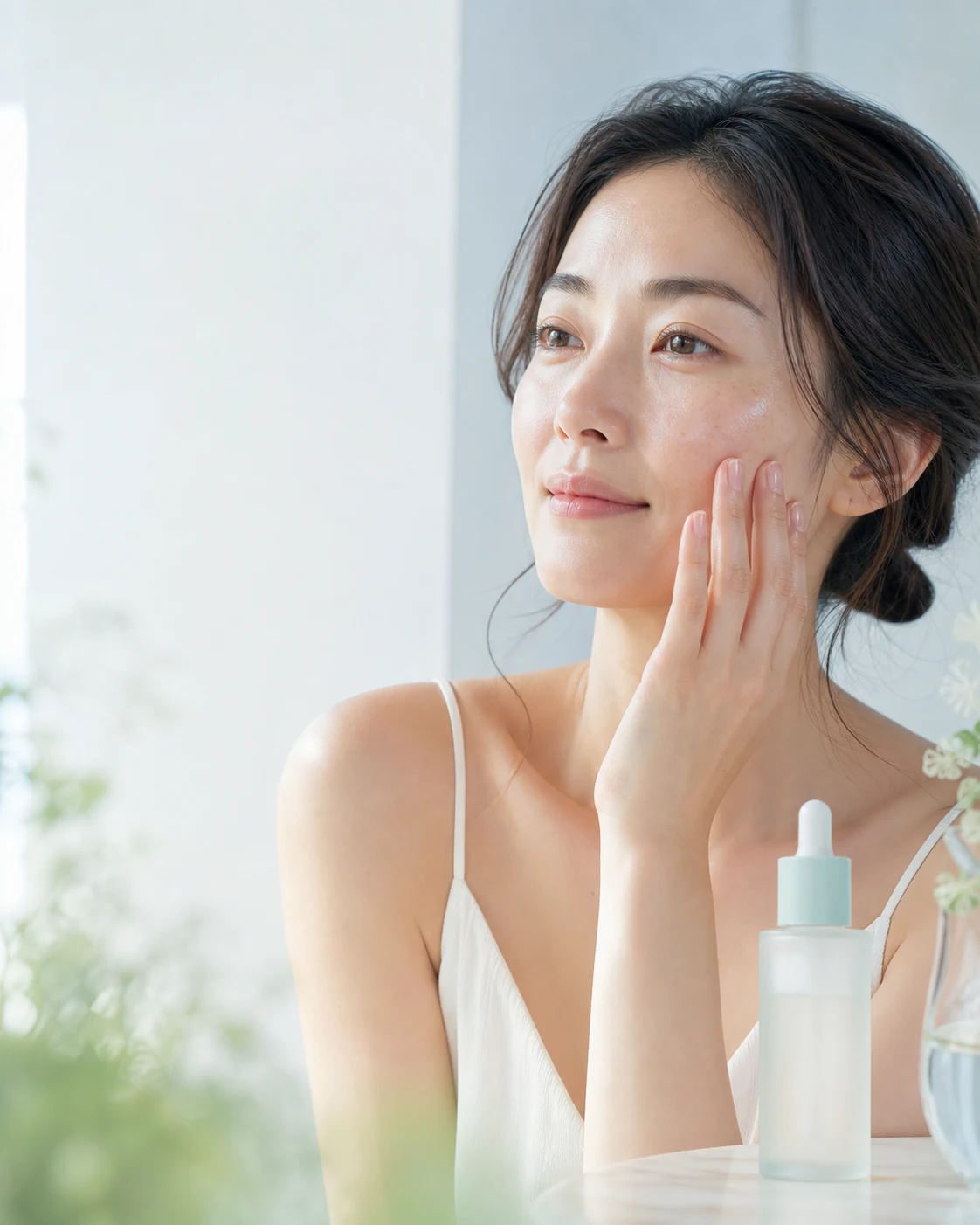朝の光の中で肌に触れる女性と美容液を用いた使用感訴求の化粧品広告ビジュアル