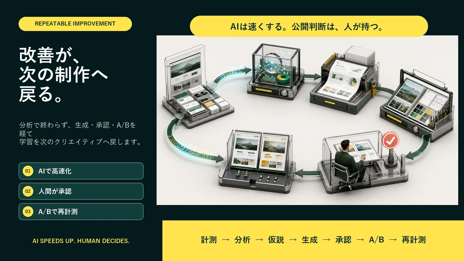 改善が次の制作へ戻る。計測、分析、仮説、生成、承認、A/B、再計測を循環させ、AIが高速化し人間が公開判断する運用。