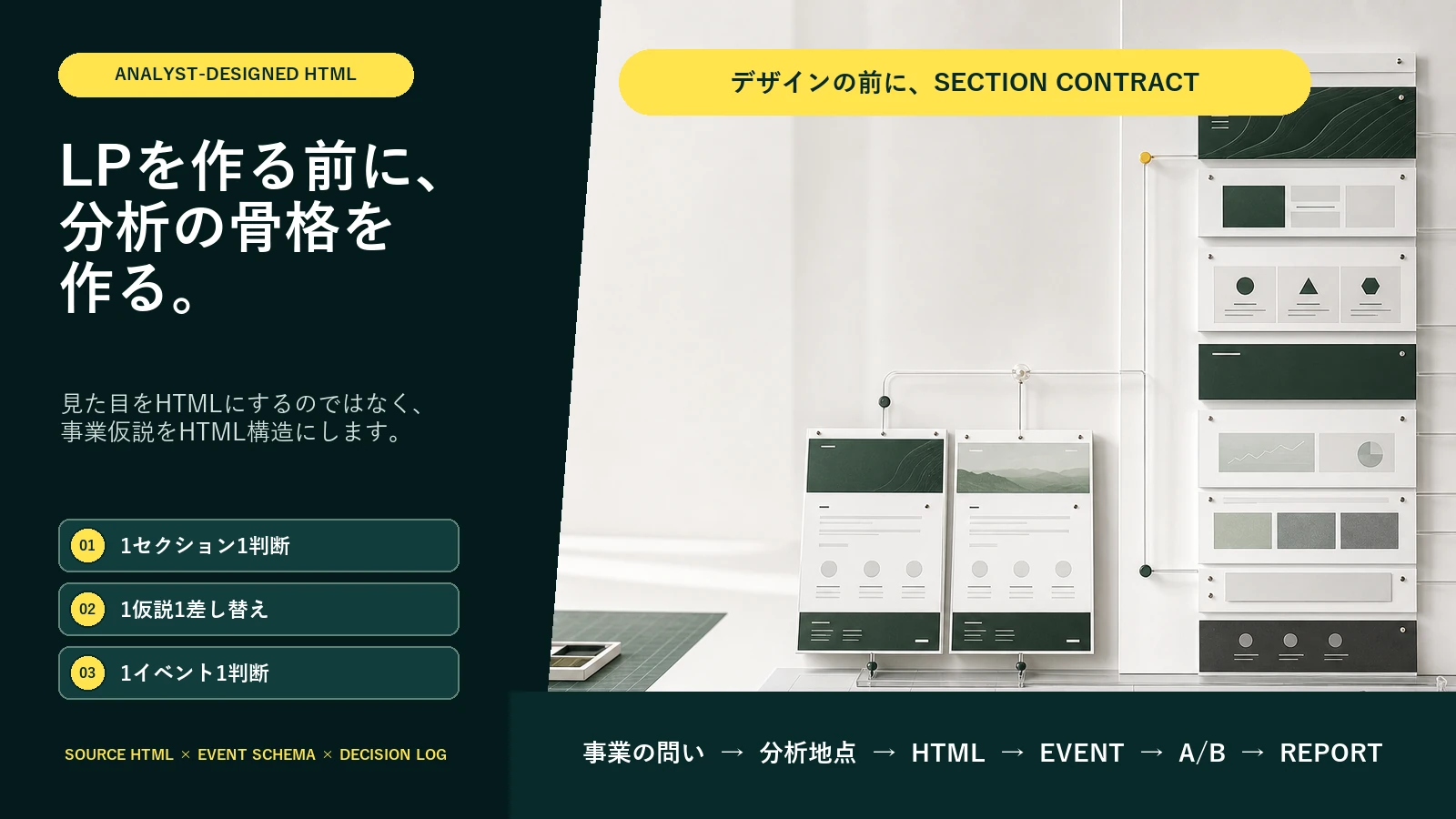LPを作る前に分析の骨格を作る。事業の問いから分析地点、HTML、イベント、A/B、レポートまでを同じ設計でつなぎ、1セクション1判断、1仮説1差し替え、1イベント1判断とする構造。