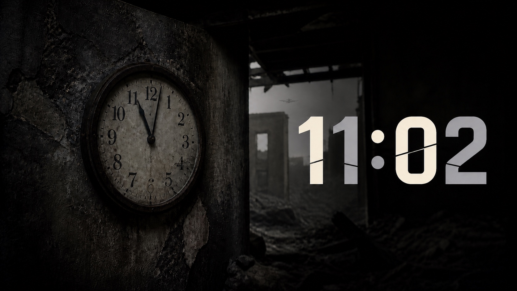 11:02 — 11時02分で止まった時計と、窓の向こうを飛ぶB-29のタイトル画面