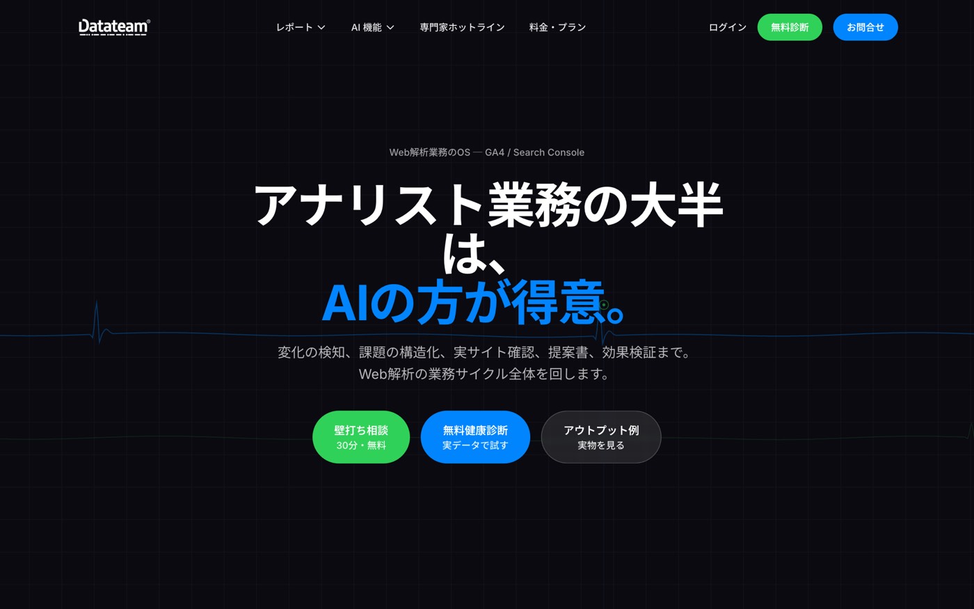 Datateam — 黒地に「アナリスト業務の大半は、AIの方が得意。」の見出し